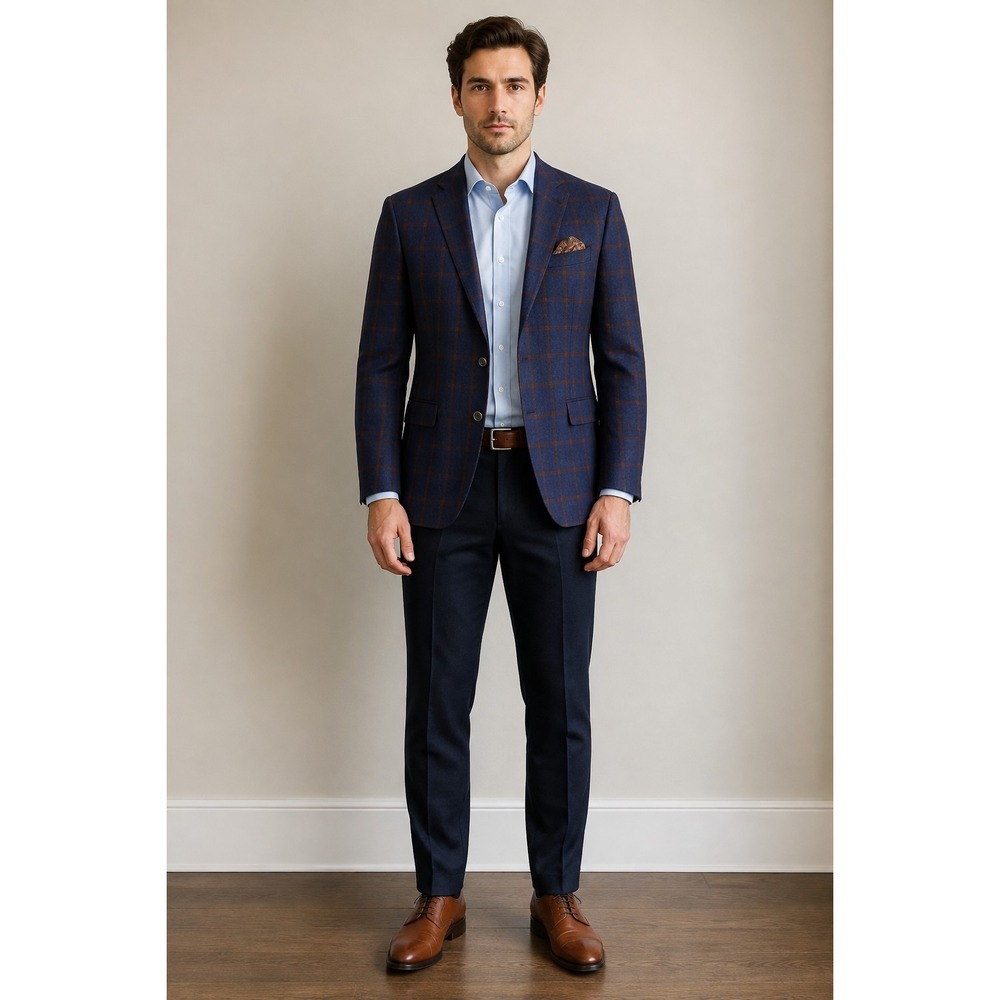 Tallia Men's 46L Blue Brown Plaid 100% Wool Blazer Elbow Patch Sport Coat